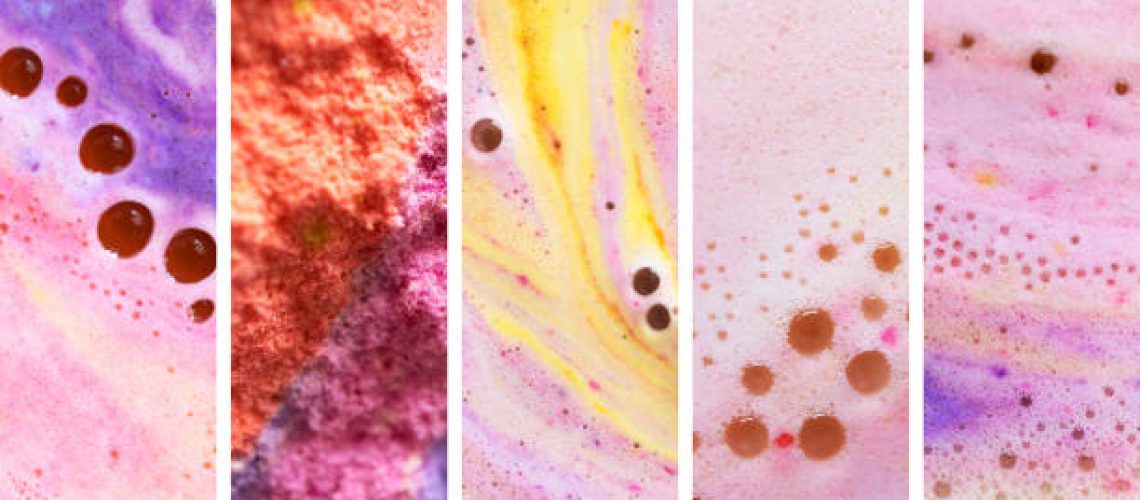 Macro rainbow texture and foam bath bombs with bubbles horizontal collage. Cosmetic banner